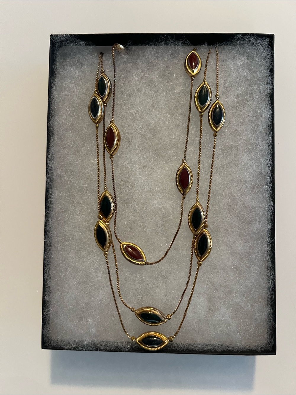 Vintage Gold-Tone Multi-Stone Tiered Necklace - Red and Dark Green
